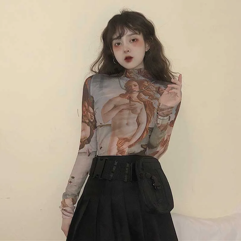 

Vintage Slim Woman Cartoon Print T-Shirt Korean One-Piece Mesh Long Sleeves Tops 2021 Summer Fashion New Women Harajuku T Shirt