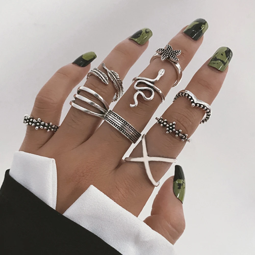 

Bohemian Vintage Snake Cross Finger Ring Set For Women Fashion Silver Plated Geometric Star Leaf Flower Knuckle Ring Jewelry