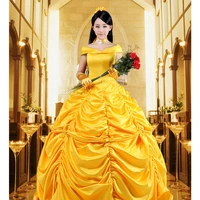 free shipping adult deluxe princess belle dress belle cosplay costume ball gown with gloves and petticoat