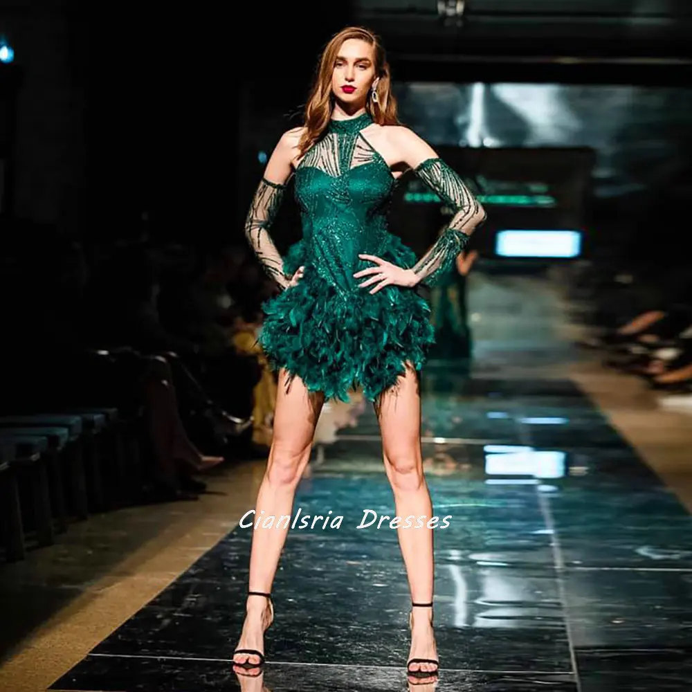 

Блестящее зеленое платье выше колена с высоким воротником и длинным рукавом, платье для встречи выпускников, иллюзионное короткое коктейль...