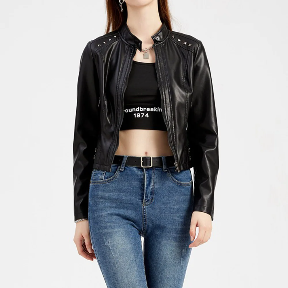 

Кожаная куртка с заклепками, женские короткие демисезонные куртки, Женская куртка с длинным рукавом, тонкая стильная модная куртка с воротн...