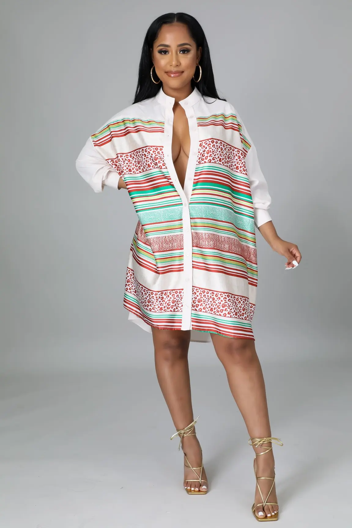 

Ladies Dress Fashion Casual Striped Shirt Style Long Sleeve Dress Sexy V-neck Printed Long Street Dress Women