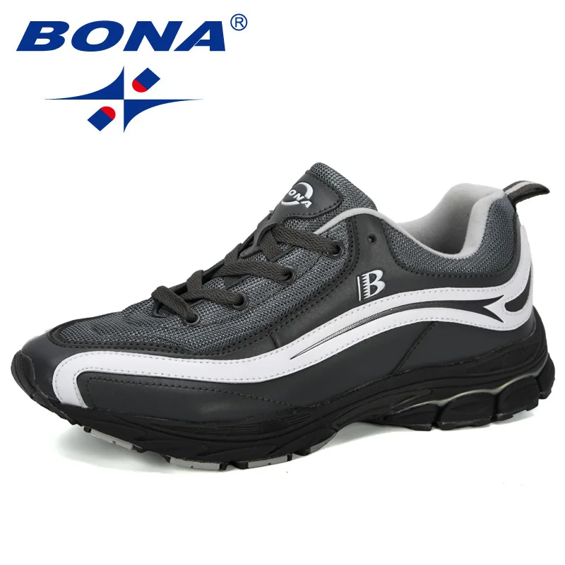 Dark grey white BONA/ г. Новые дизайнерские трендовые кроссовки для бега мужская спортивная обувь высокого качества на шнуровке удобная обувь для бега zapatillas hombre - Цвет: Dark grey white