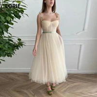lorie vintage prom gowns light champagne with green belt tulle a line arabic evening dress wedding party dress for graduation