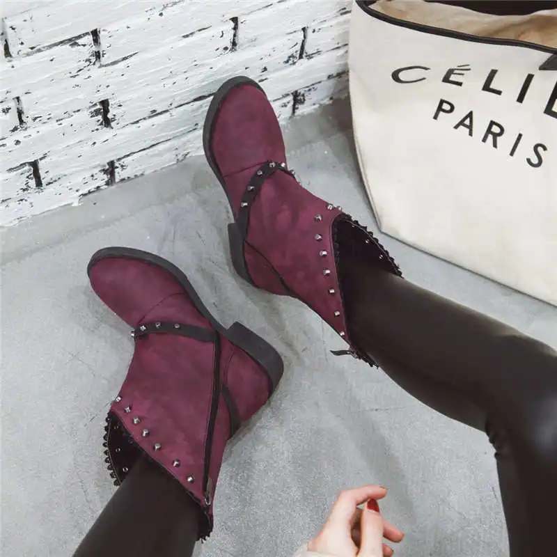Odetina New Women Chunky Low Heel Platform Zip Buckle Strap Ankle Boots Studded Rivet Comfort Winter Round Toe Big Size 43 | Обувь