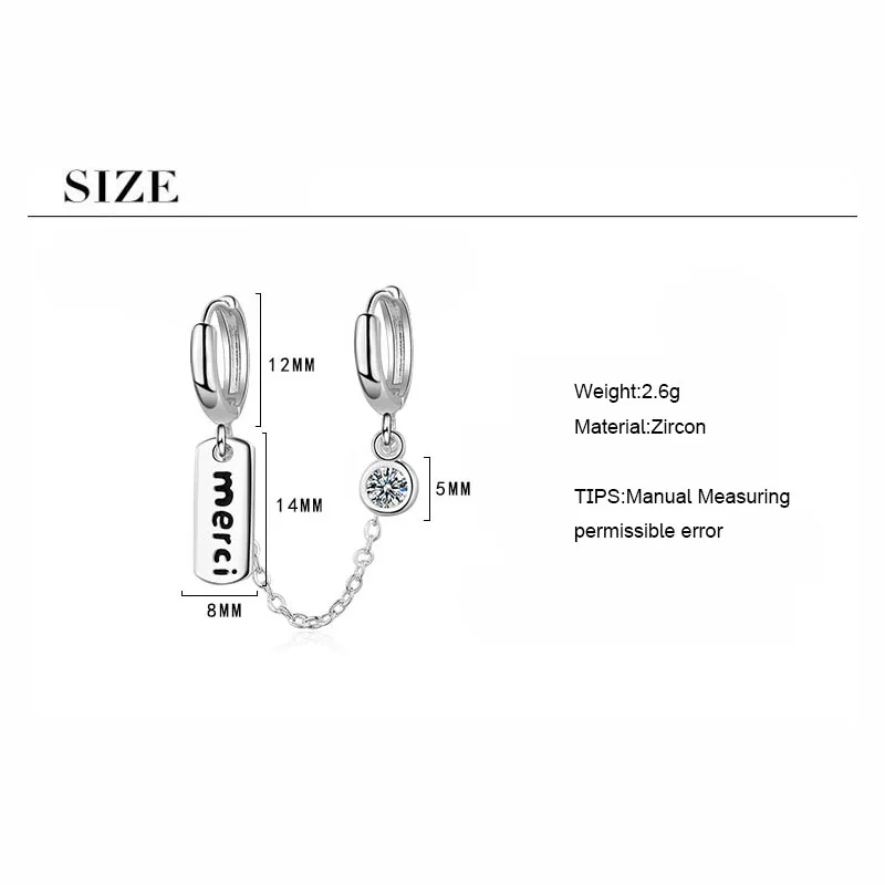 ANENJERY 925 Sterling Silver 1PC Punk Double Ear Hole Letter &quotMerci" Hoop Earring With Cubic Zircon Earrings For Women S-E962 |