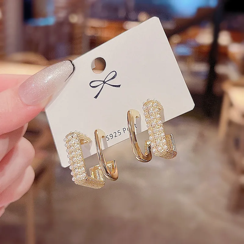 

S925 Silvers New Fashion Square Zircon Dangle Earrings Female Design Jewellery Women Pearl Earring Metal Wholesale