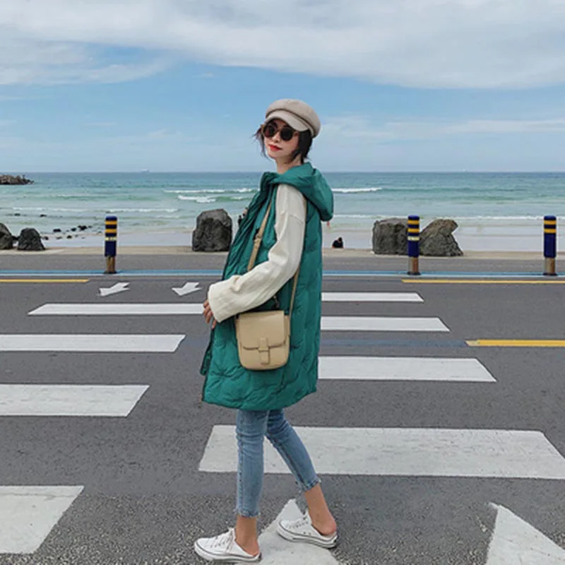 Женский Длинный жилет из хлопка с капюшоном и карманами на молнии | Женская