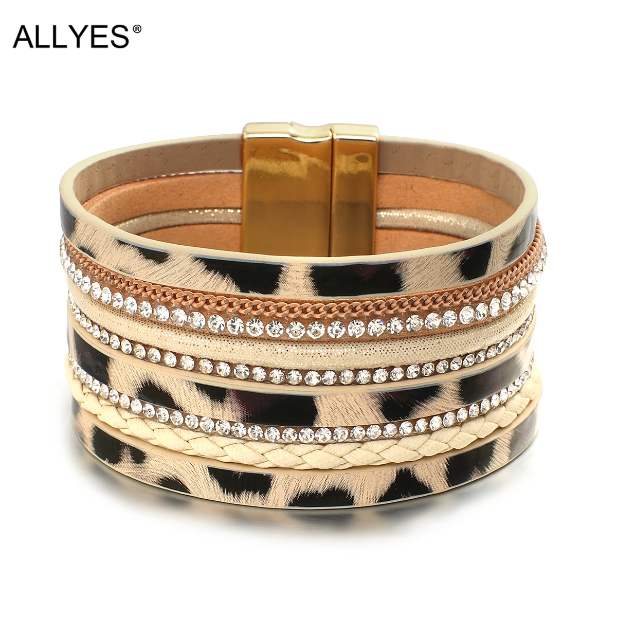 

ALLYES Bohemian Multilayer Leopard Leather Bracelets for Women Men Fashion Rhinestone Wide Wrap Bracelet Bangle Unisex Jewelry