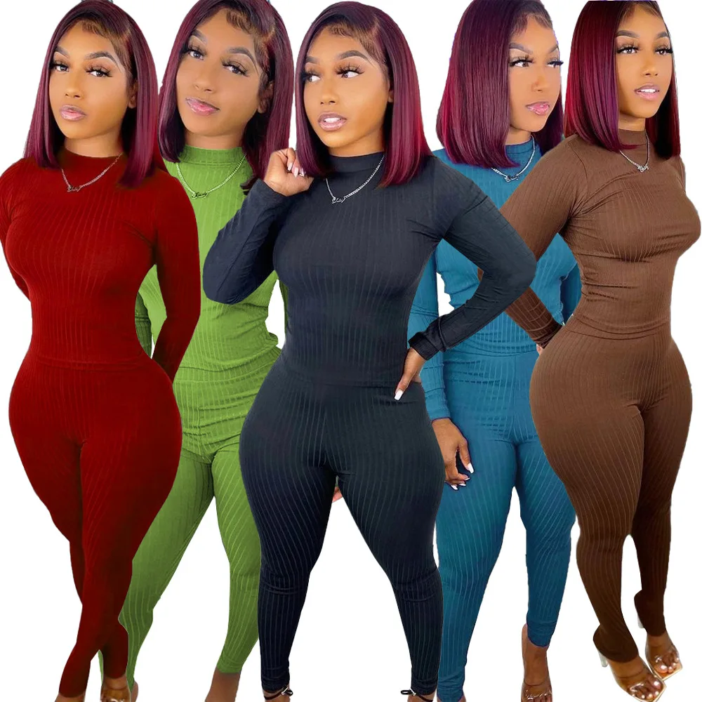 

Oluolin Solid Color Body Shape Sculpting Sportswear Casual Two Piece Woman Long Sleeve Crop Tops Legging Pencil Pants Outfits