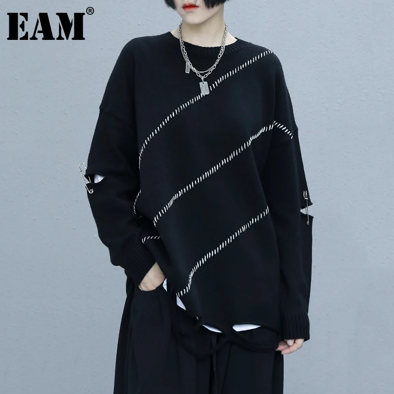 

[EAM] полосатый вязаный свитер с отверстиями, свободный крой, круглый вырез, длинный рукав, женские пуловеры, новая мода осень-зима 2022 1DE2065