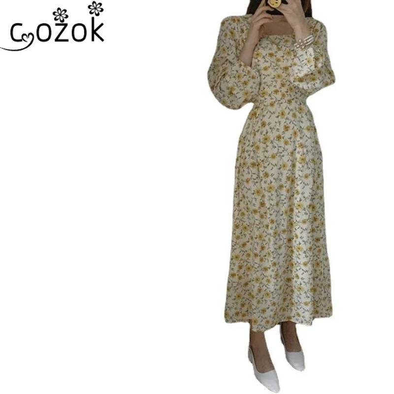 

Dress Women Summer Chiffon Flower Chic Korean Slim Long Sleeve Maxi Dress Square Collar Black White Dress Woman Summer Dress