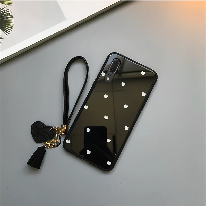 Black BONVAN стеклянный чехол для samsung Galaxy A10 A20 A30 A40s любовь сердце Жесткий чехол для samsung A50 A60 A70 A80 A90 ремешок QE Capa - Цвет: Black