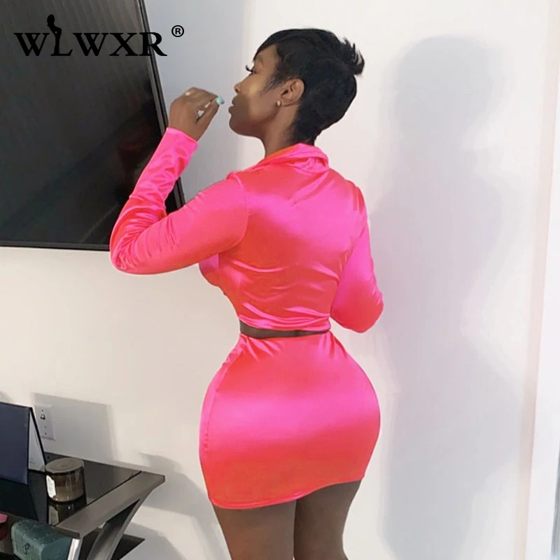 Женское атласное платье WLWXR однотонное розовое мини с длинными рукавами