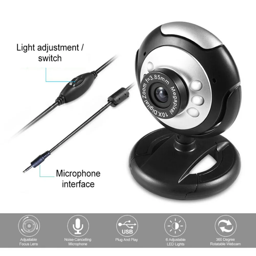 

50MP High Definition 6 LED Webcam Camera With USB Microphone Rotatable For PC 6 LED Lights For Night Vision Viewing
