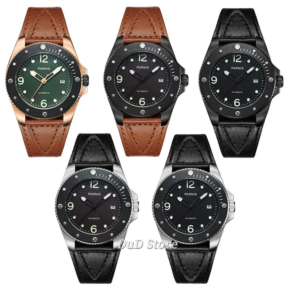 

Parnis 43mm Brand Top Watch Men Mechanical Watches Casual Rotating Black Bezel brown Leather strap Diver Miyota Automatic Watch