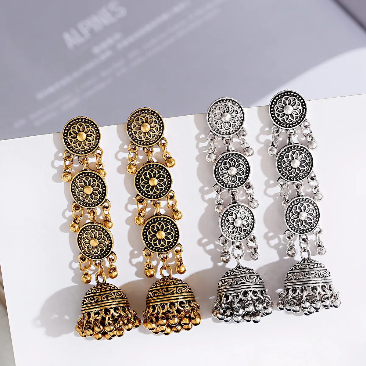 

Vintage Afghan Small Round Bollywood Long Oxidized Earrings Women's Boho Ethnic Bells Tassel Dangle Earrings