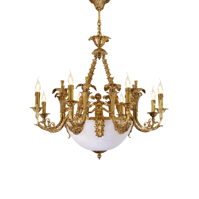 Французский Чистый медный мрамор антикварная люстра Роскошная Европейская