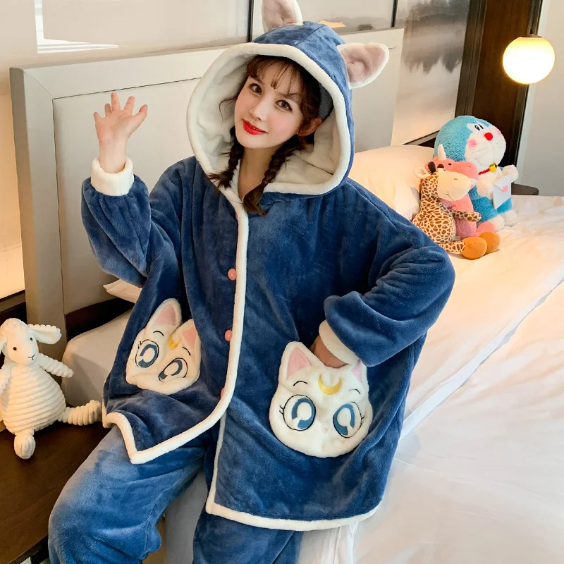 Flannel Hooded Nightgown Women Sleepwear Winter Pajamas Plus Size XXXL Intensification Loose Version Coral Fleece Nighty