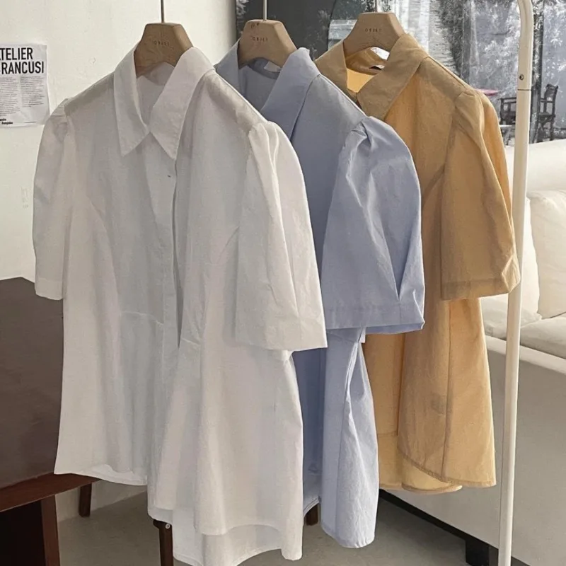 

TVVOVVIN Blusas Mujer Solid Puff Sleeve Back Folds Summer Korean Vintage Women Shirts Loose 2021 Sweet Blouses Elegant LCSI