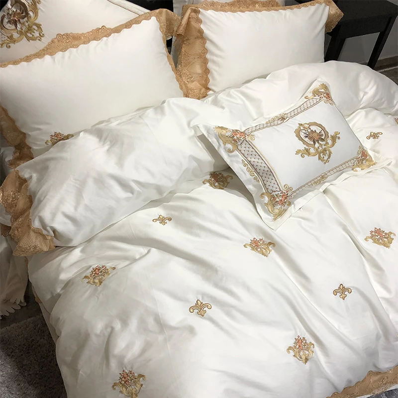 YTBestLife Luxury Royal Lace Bedding Set Egypian cotton Soft White Queen King Extra bed sheet Duvet cover set Pillow | Дом и сад