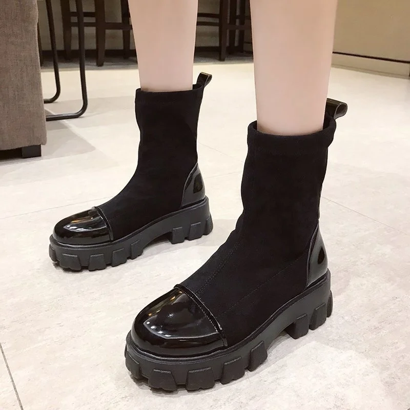 

red Boots sole autumn thick 2020 net elastic women's shoes net red thin boots British autumn and winter