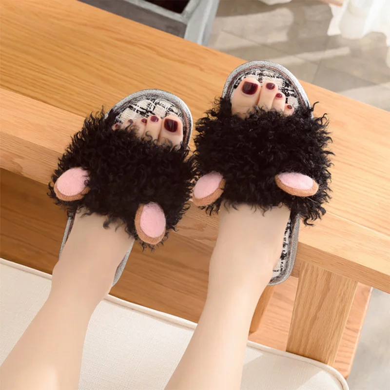 

Slippers Women Winter Soft Non-Slip Open Toe Flock Cartoon Warm Home Cotton Shoes Lady Comfortable Indoor Flats Women's Footwear