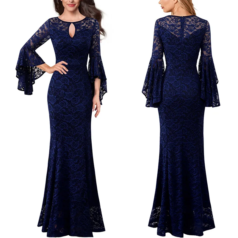 Dark Blue Vfemage женское платье с замочной скважиной спереди, цветочным кружевом, рюшами и расклешенными рукавами, официальное вечернее платье, свадебное платье, бодикон, макси платье Русалка 2376 - Цвет: Dark Blue