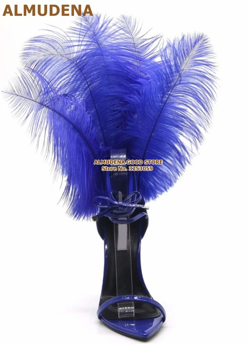 Beli Almudena Royal Biru Bulu Sandal Tumit Stiletto Besar Bulu Sayap Stage Pumps Cross Diikat Sandal Pernikahan Sepatu Sandal