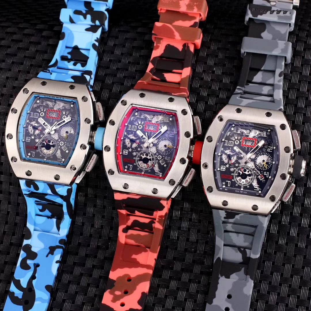 

2020 Luxury Brand New Automatic Mechanical Skeleton Silver Black FLYBACK Camouflage Rubber Men Stainless Steel Watch Sapphire