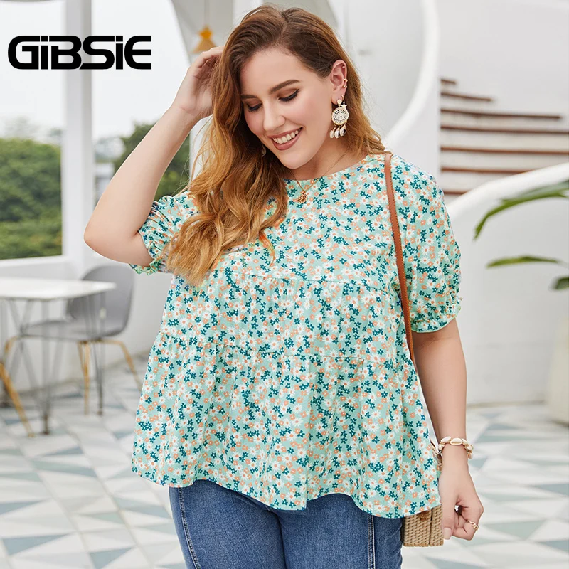 Женская блузка с круглым вырезом GIBSIE Повседневная Блузка коротким рукавом и