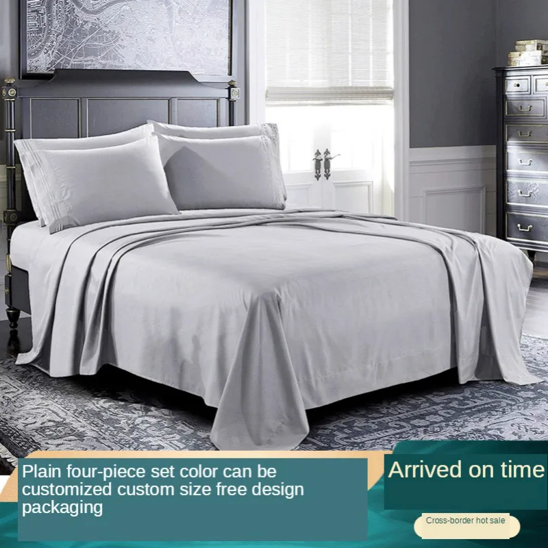 

New Bedroom Four-piece Bed Linen Set European Thick Warmth Plain Cotton Quilt Cover Fashionable Simple Family Hotel Bedding Set