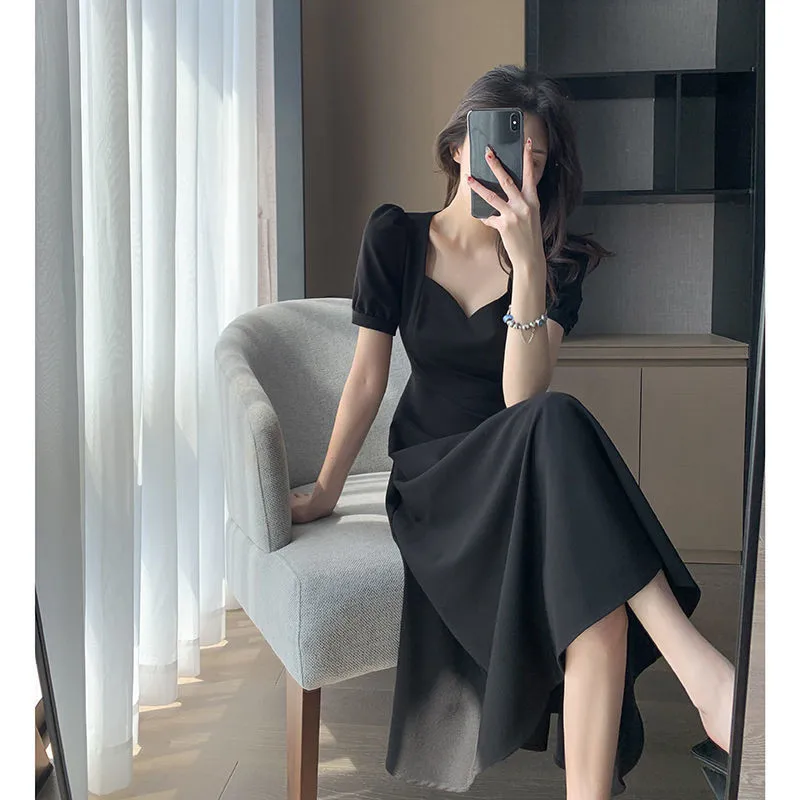 

Korean Fashion 2021 Square Collar Short Sleeve Summer Dress Women Fairy Style Office Lady Temperament White Slim Maxi Vestidos