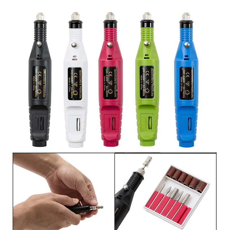 Электрическая мини ручка для маникюра и педикюра фрезер ногтей с 6 фрезами
