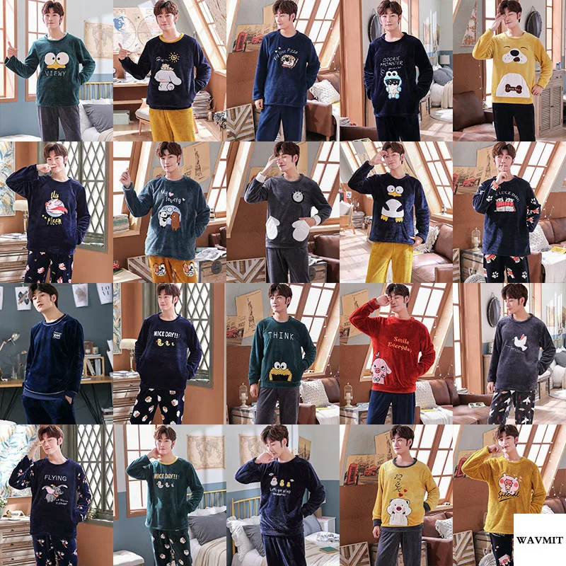 Пижамный комплект мужской фланелевый с длинным рукавом одежда для сна принтом