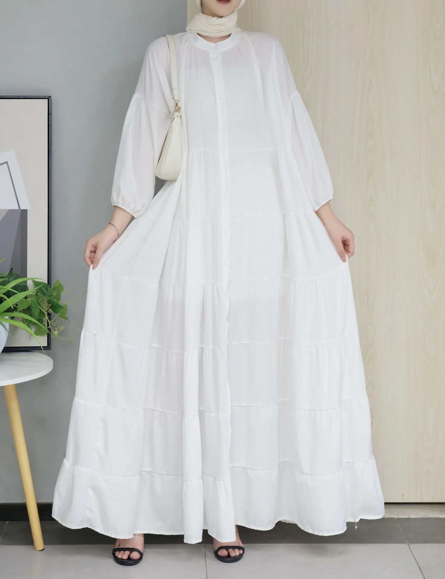 Solid Color Plain Muslim Long Dresses for Women Dubai Abaya Turkey Hijab Dress Long Sleeve Kaftan Vestido Ruffles Sundress