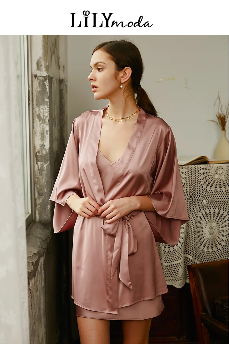 Женский Шелковый банный халат LILYMODA с треугольным вырезом для свадьбы подружки