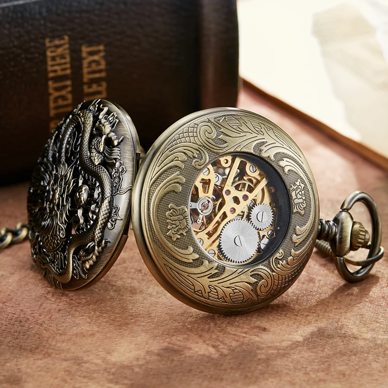 Luxury Dragon Mechanical Pocket Watch Skeleton Laser Engraved Case Bronze Fob Chain Clock for Men Women Collection Dropshipping