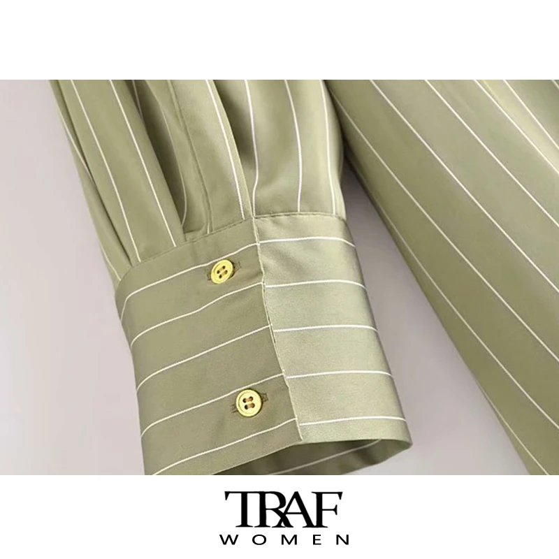 

TRAF Za Women Fashion Oversized Soft Touch Striped Blouses Vintage Long Sleeve Button-up Female Shirts Blusas Chic Tops