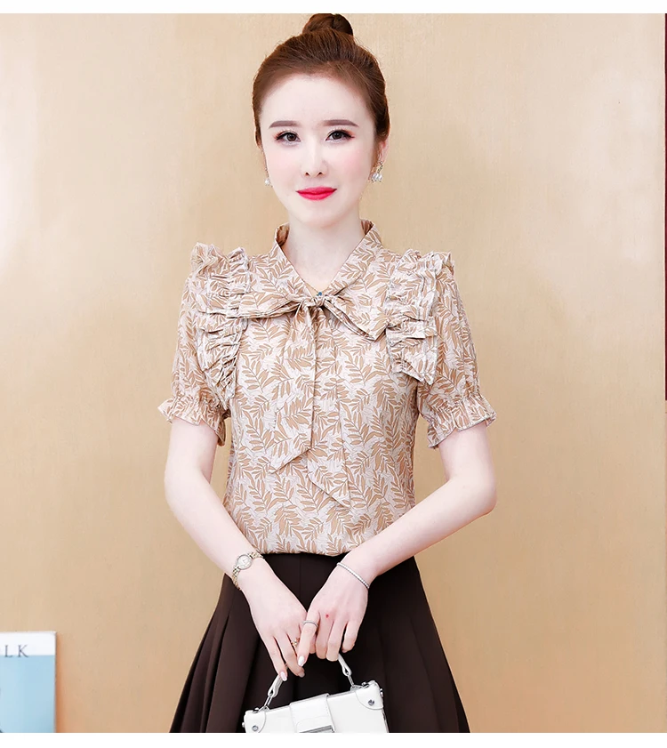 

Houthion Fashion Tops Casual Shirt New Short-sleeved Women's Blouse V-neck 2021 Summer Printing Bow Ruffle Comfortable