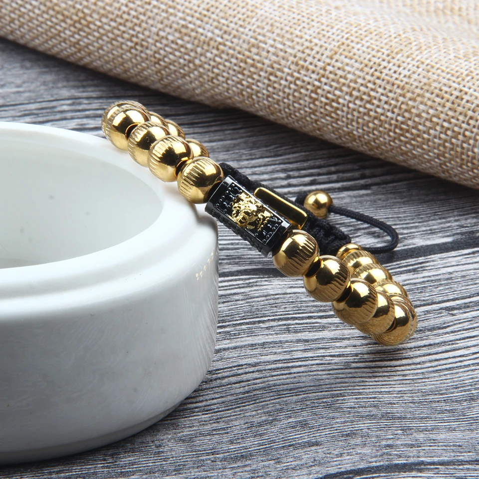 

Ailatu Customizable Logo Luxury Men Lion Head Bracelet 8mm Stainless Steel Beads Fashion Weaving Jewelry Wholesale