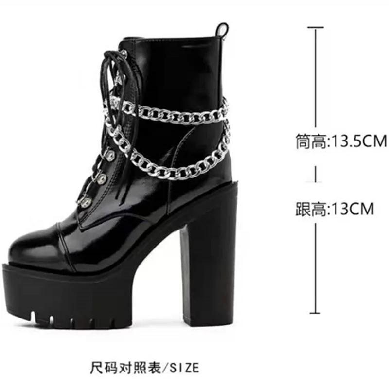 

High quality patent leather winter boots women high heels sexy chain thick heel platform boots women punk style ankle boots with