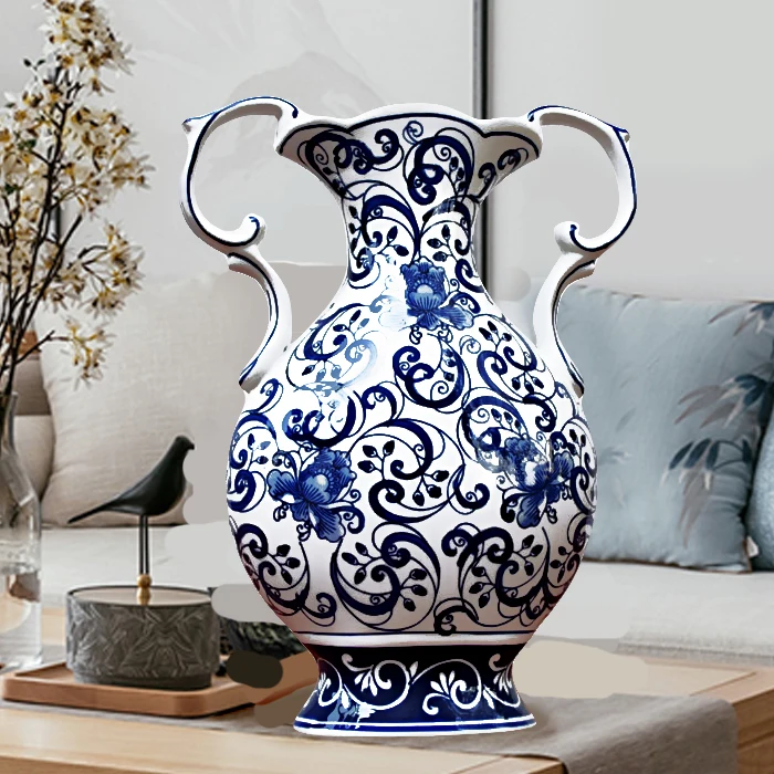 

New Chinese double ear hand-painted vase, home Chinese ornaments, arts and crafts, porch decoration, TV cabinet, ceramic home
