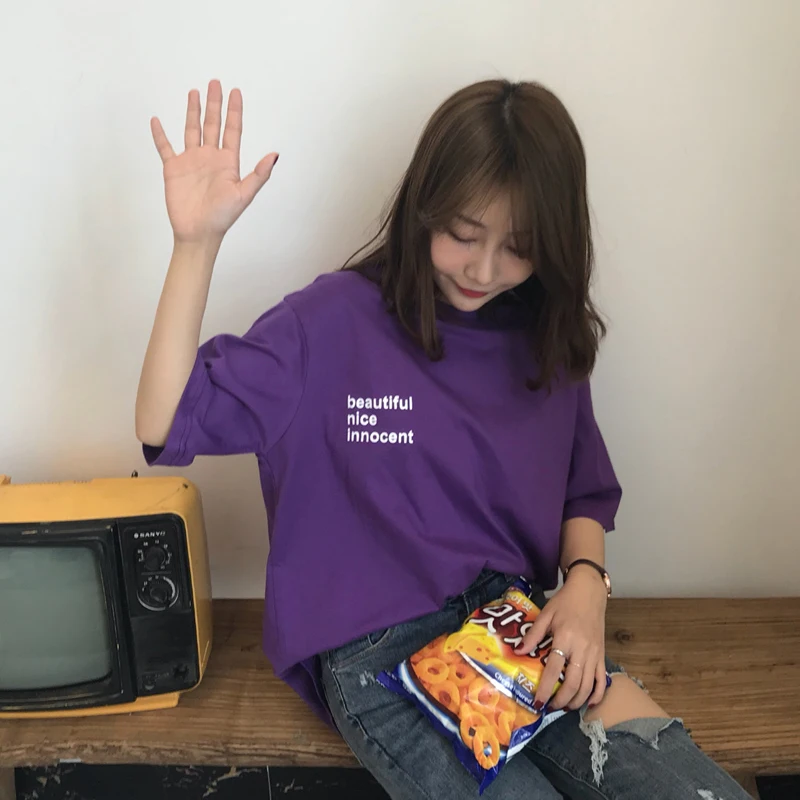 Модная новая женская футболка с вышитым буквенным принтом уличная коротким рукавом и круглым вырезом