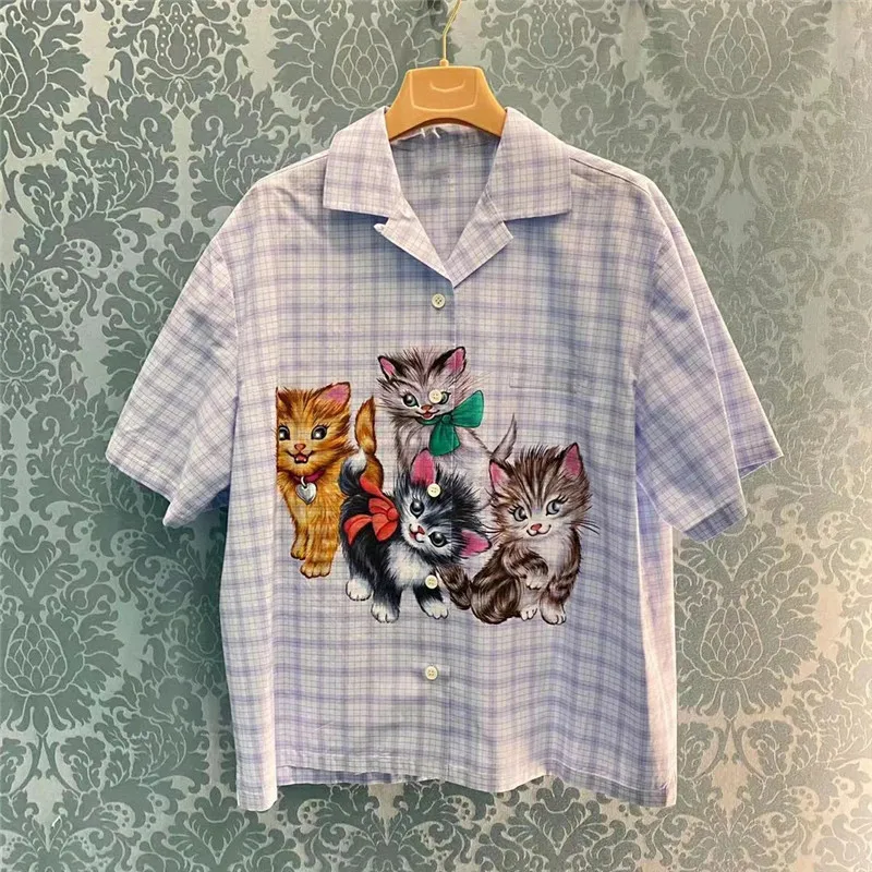 

Summer Runway Designer Top Femme 2021 Korean Fashion Short Sleeve Blue Plaid Blouses Womens Casual Chemise Femme