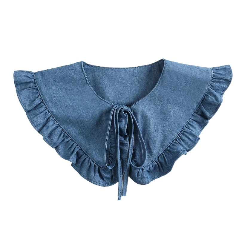 

Autumn Ruffled Doll Fake Collar Shawl Women Denim Blue Dickey Lace-Up Capelet
