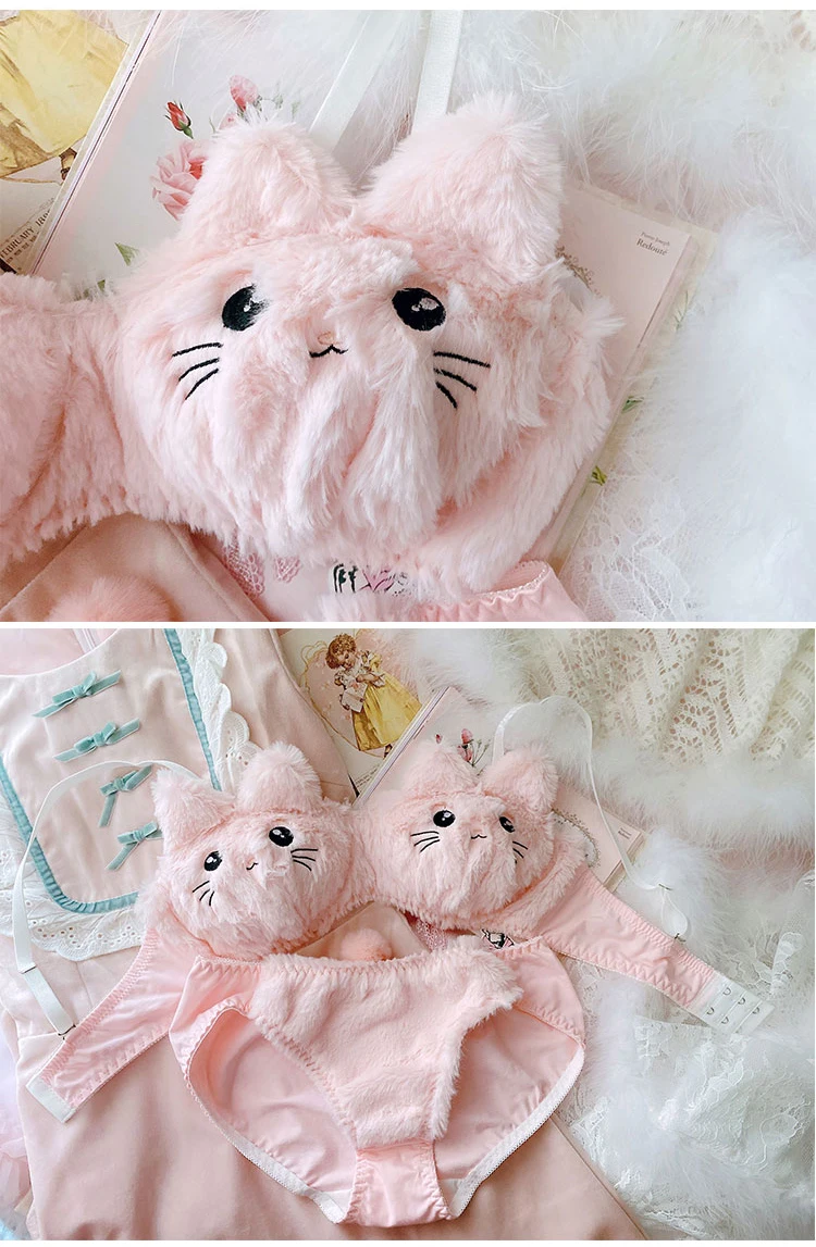 plus size underwear sets Japanese Kawaii Plush Women Bra Set Lovely Soft Student Lingerie Cute Cartoon Embroidery Cat Underwear Sexy No Steel Ring Set cute underwear sets
