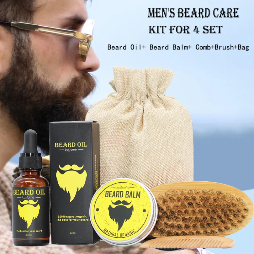 New 5pcs/set Men Beard Kit Grooming Beard Set Barba Beard Oil Moisturizing Wax Blam Comb Essence Styling Hair Men Beard Kit Set