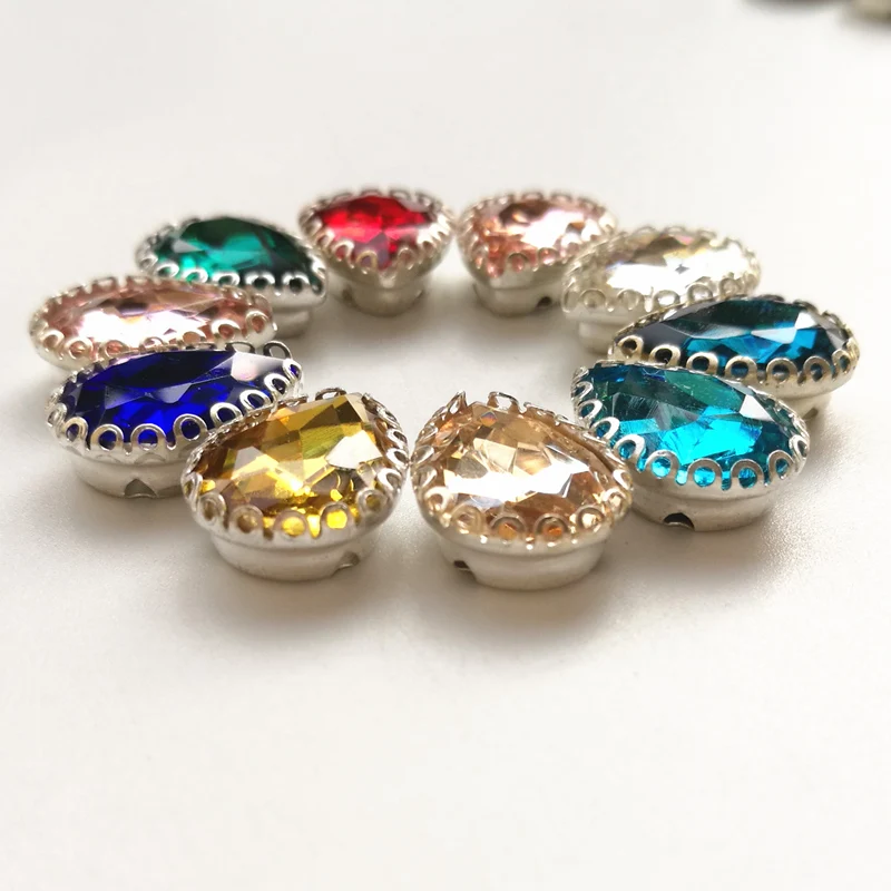 

50 Pieces/lot 10x14mm 13x18mm Mix colors Teardrop/droplet Crystal Fancy Stone With Silver Color Claw Sew On Glass beads Jewelry