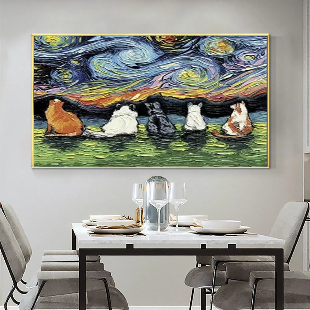 

Картина маслом Ван Гога, животное звездное небо, животное, кошка, звездное небо, пейзаж, ручная роспись на холсте, настенное украшение
